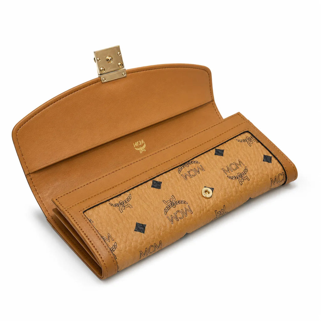 MCM Patricia Visetos Long Envelope Wallet | Classic Flap Leather Wallet in Cognac — Designer Monogram Clutch Purse for Women
