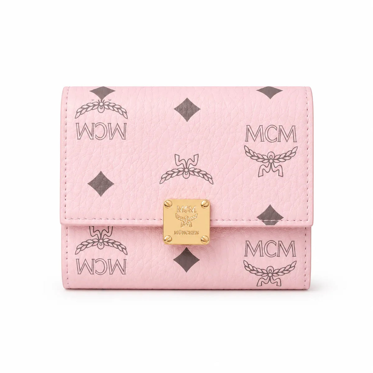 MCM Patricia Visetos Trifold Wallet | Small Leather Flap Wallet in Pink — Designer Monogram Card Holder Purse for Women