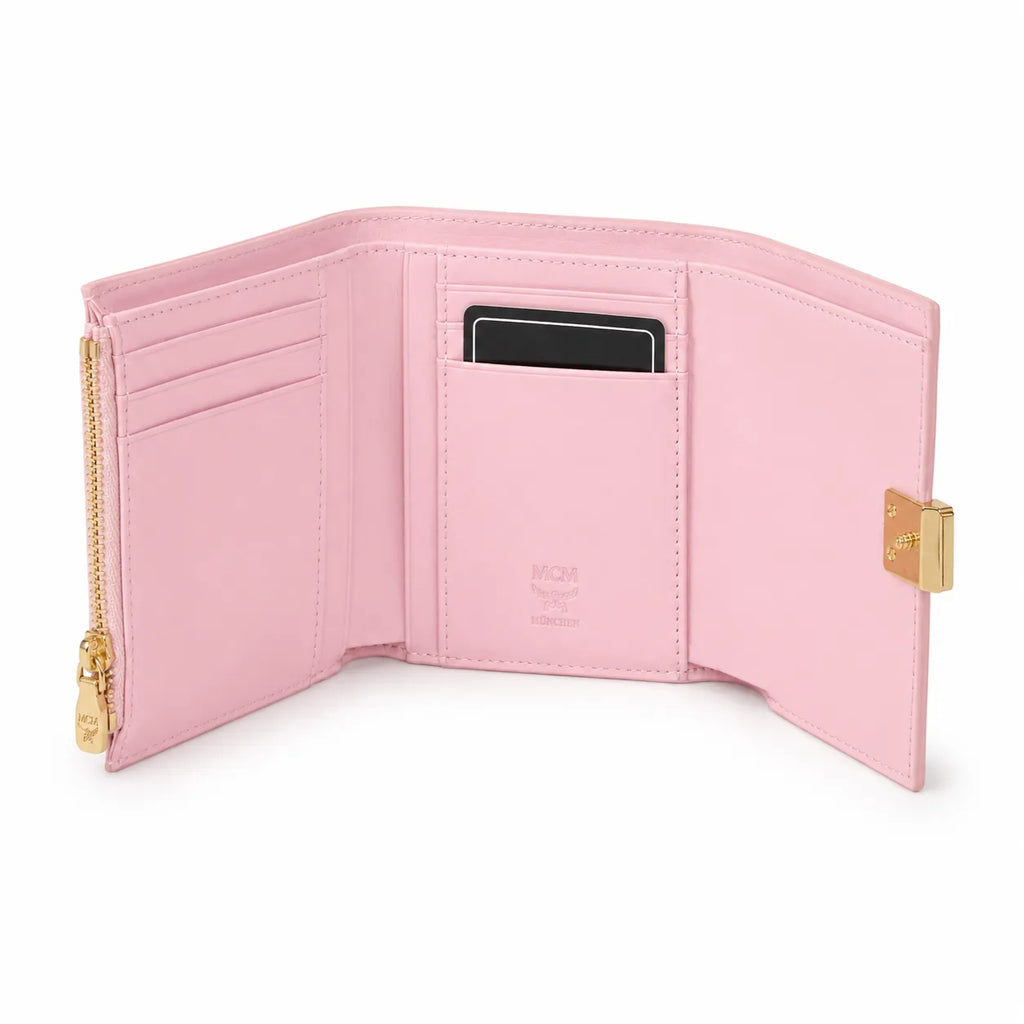 MCM Patricia Visetos Trifold Wallet | Small Leather Flap Wallet in Pink — Designer Monogram Card Holder Purse for Women