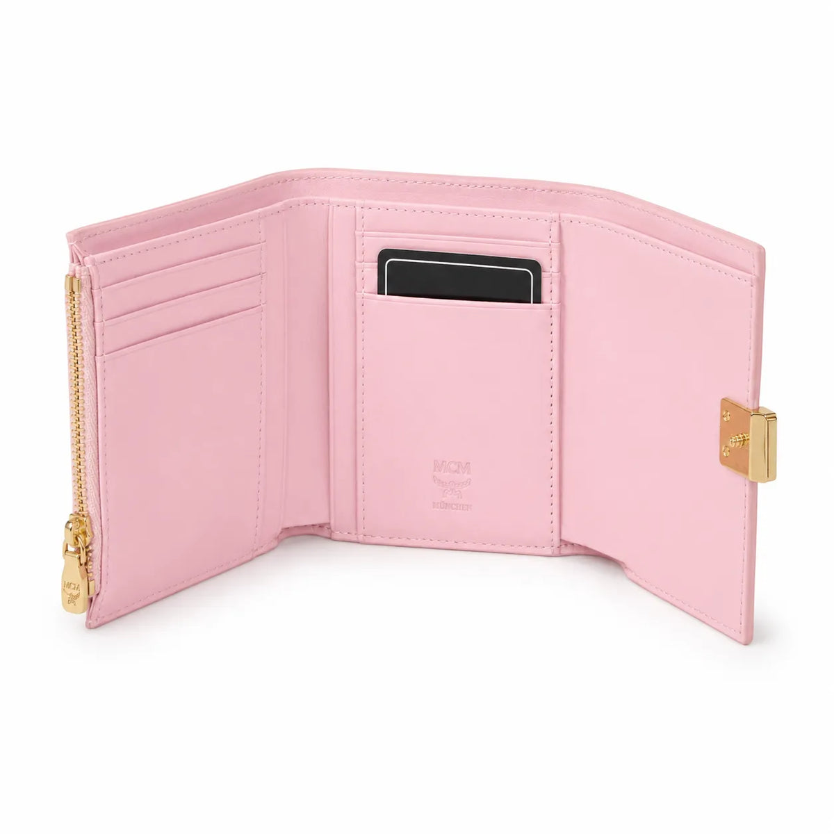 MCM Patricia Visetos Trifold Wallet | Small Leather Flap Wallet in Pink — Designer Monogram Card Holder Purse for Women