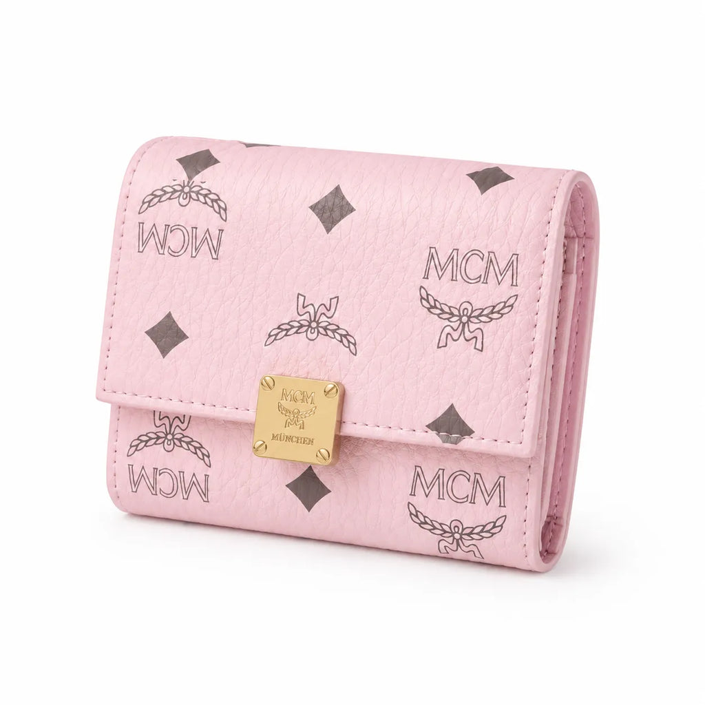 MCM Patricia Visetos Trifold Wallet | Small Leather Flap Wallet in Pink — Designer Monogram Card Holder Purse for Women