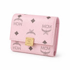 MCM Patricia Visetos Trifold Wallet | Small Leather Flap Wallet in Pink — Designer Monogram Card Holder Purse for Women