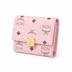 MCM Patricia Visetos Trifold Wallet | Small Leather Flap Wallet in Pink — Designer Monogram Card Holder Purse for Women