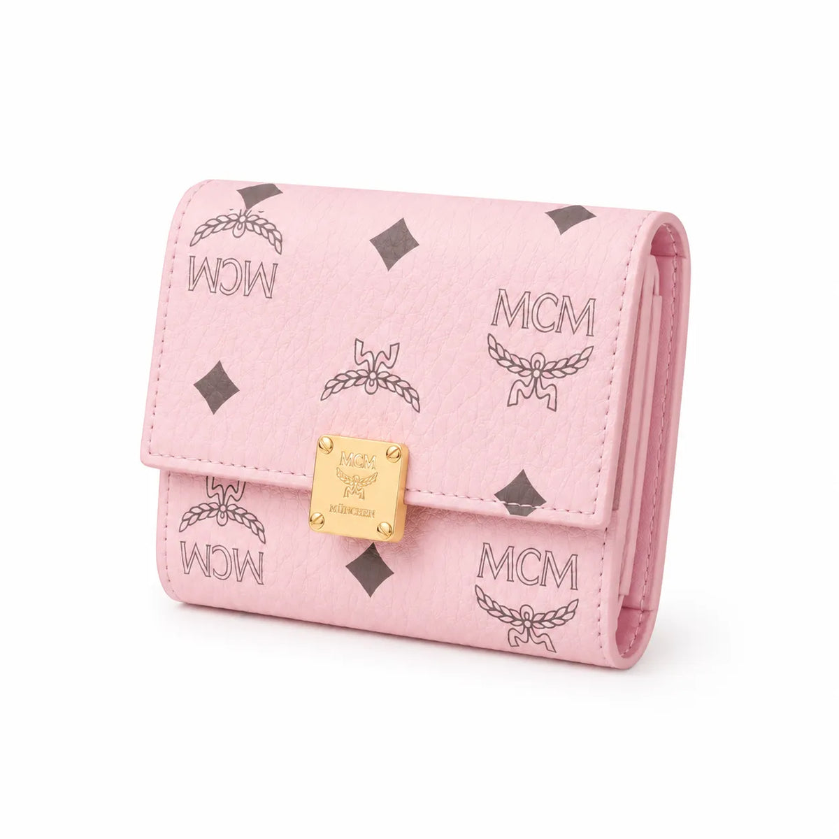 MCM Patricia Visetos Trifold Wallet | Small Leather Flap Wallet in Pink — Designer Monogram Card Holder Purse for Women