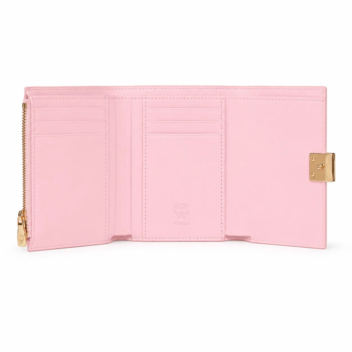 MCM Patricia Visetos Trifold Wallet | Small Leather Flap Wallet in Pink — Designer Monogram Card Holder Purse for Women