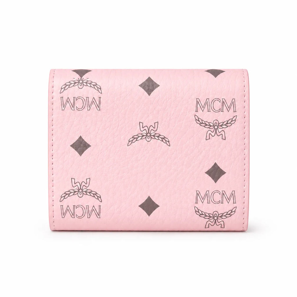 MCM Patricia Visetos Trifold Wallet | Small Leather Flap Wallet in Pink — Designer Monogram Card Holder Purse for Women