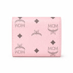 MCM Patricia Visetos Trifold Wallet | Small Leather Flap Wallet in Pink — Designer Monogram Card Holder Purse for Women