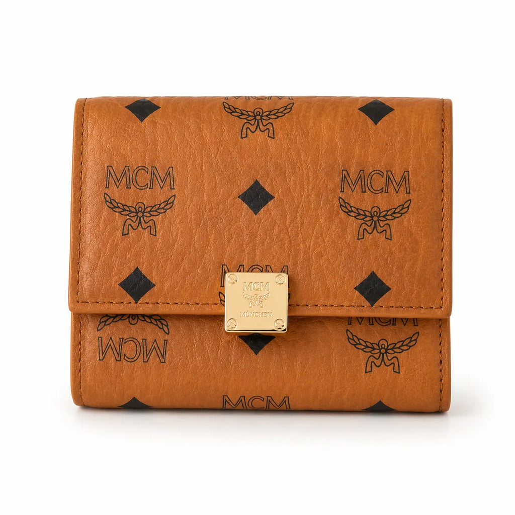 MCM Patricia Visetos Trifold Wallet | Small Leather Flap Wallet in Cognac — Designer Monogram Card Holder Purse for Women