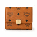 MCM Patricia Visetos Trifold Wallet | Small Leather Flap Wallet in Cognac — Designer Monogram Card Holder Purse for Women