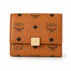 MCM Patricia Visetos Trifold Wallet | Small Leather Flap Wallet in Cognac — Designer Monogram Card Holder Purse for Women