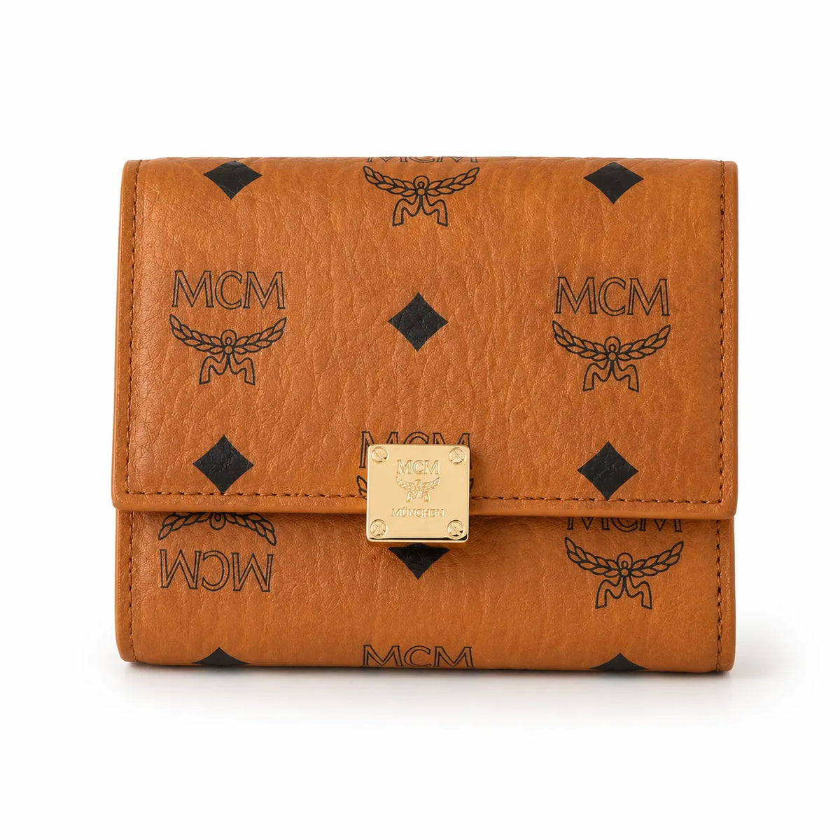 MCM Patricia Visetos Trifold Wallet | Small Leather Flap Wallet in Cognac — Designer Monogram Card Holder Purse for Women