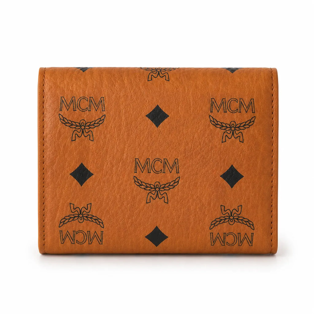 MCM Patricia Visetos Trifold Wallet | Small Leather Flap Wallet in Cognac — Designer Monogram Card Holder Purse for Women