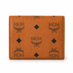 MCM Patricia Visetos Trifold Wallet | Small Leather Flap Wallet in Cognac — Designer Monogram Card Holder Purse for Women