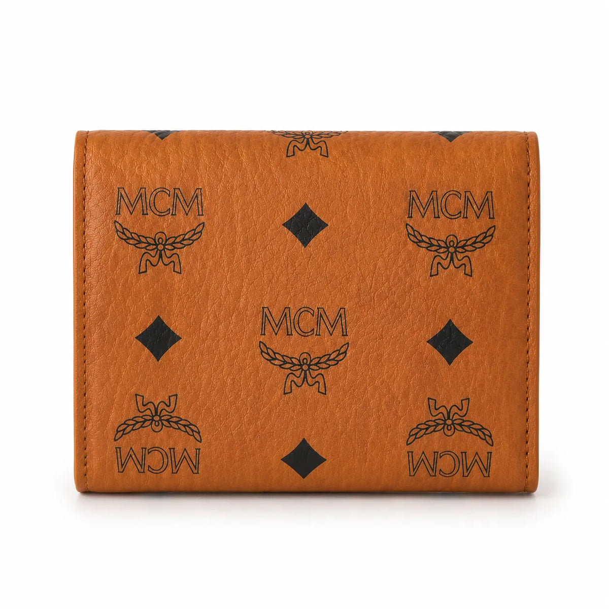 MCM Patricia Visetos Trifold Wallet | Small Leather Flap Wallet in Cognac — Designer Monogram Card Holder Purse for Women