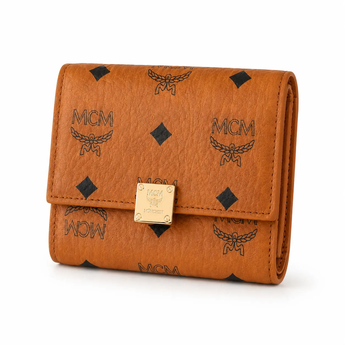 MCM Patricia Visetos Trifold Wallet | Small Leather Flap Wallet in Cognac — Designer Monogram Card Holder Purse for Women