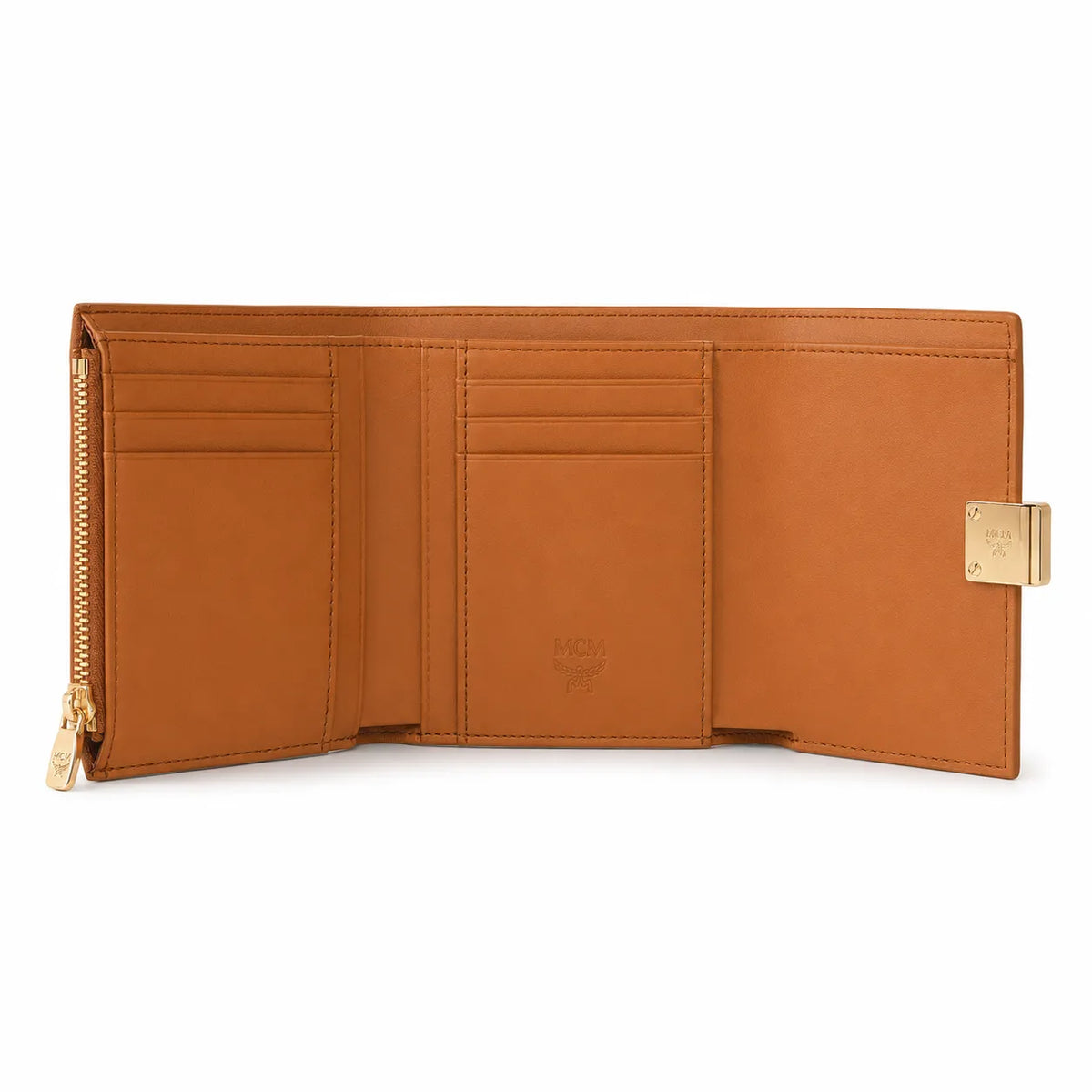 MCM Patricia Visetos Trifold Wallet | Small Leather Flap Wallet in Cognac — Designer Monogram Card Holder Purse for Women