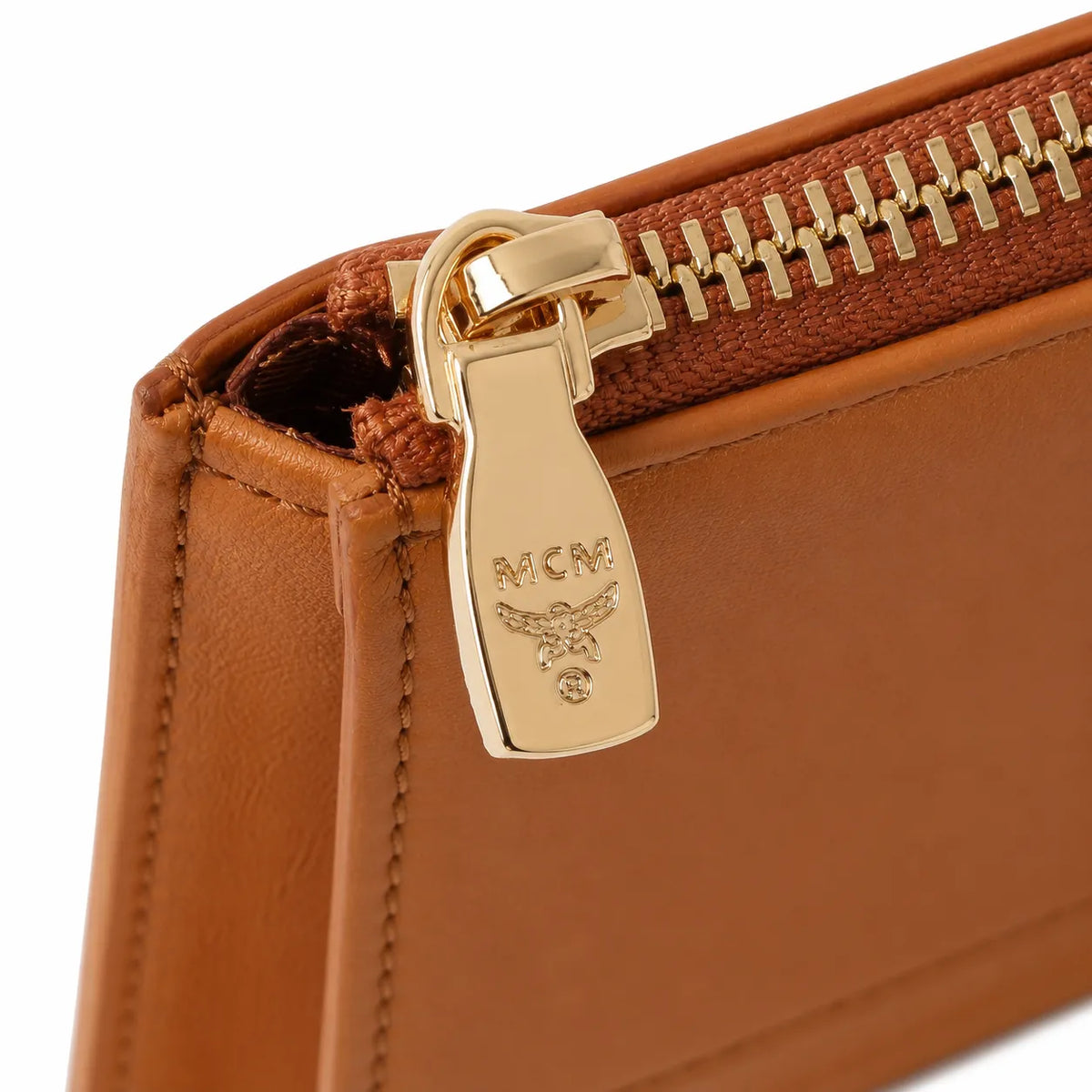MCM Patricia Visetos Trifold Wallet | Small Leather Flap Wallet in Cognac — Designer Monogram Card Holder Purse for Women