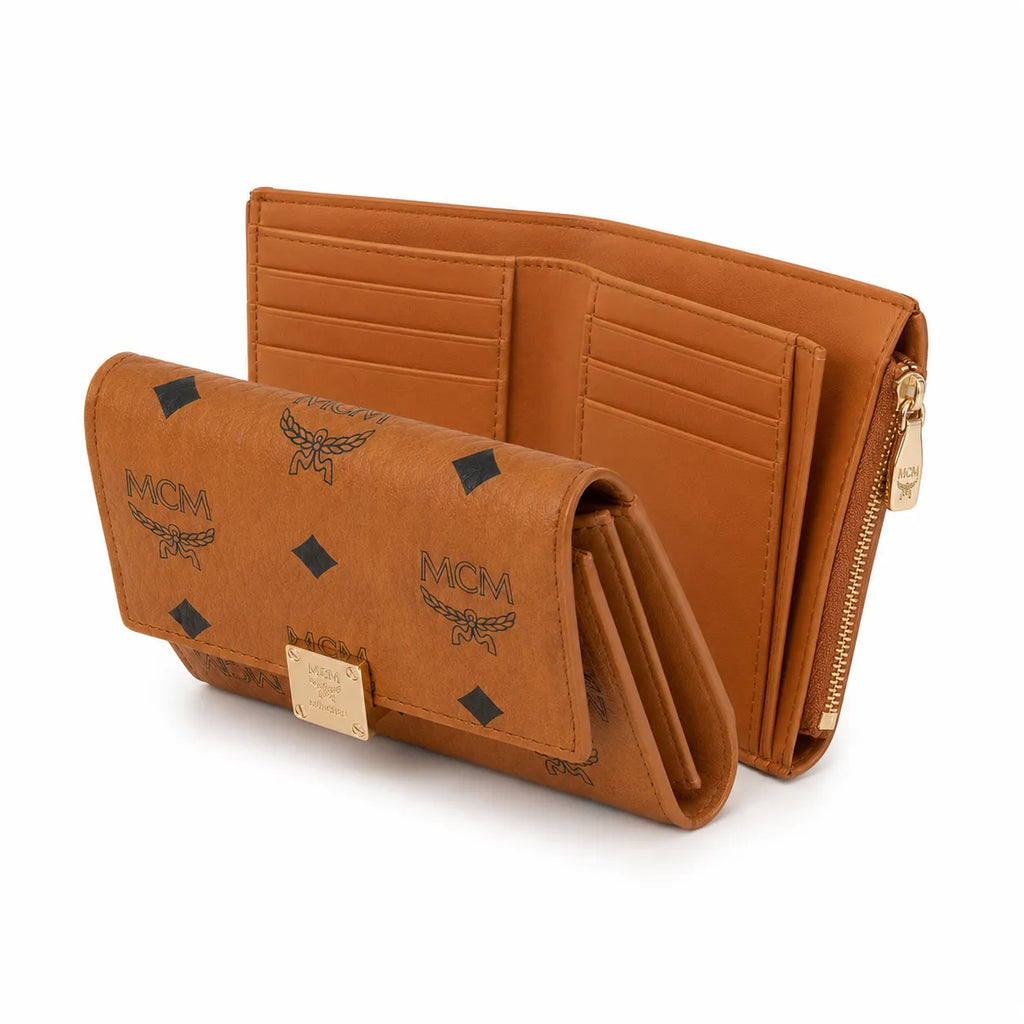 MCM Patricia Visetos Trifold Wallet | Small Leather Flap Wallet in Cognac — Designer Monogram Card Holder Purse for Women
