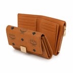 MCM Patricia Visetos Trifold Wallet | Small Leather Flap Wallet in Cognac — Designer Monogram Card Holder Purse for Women
