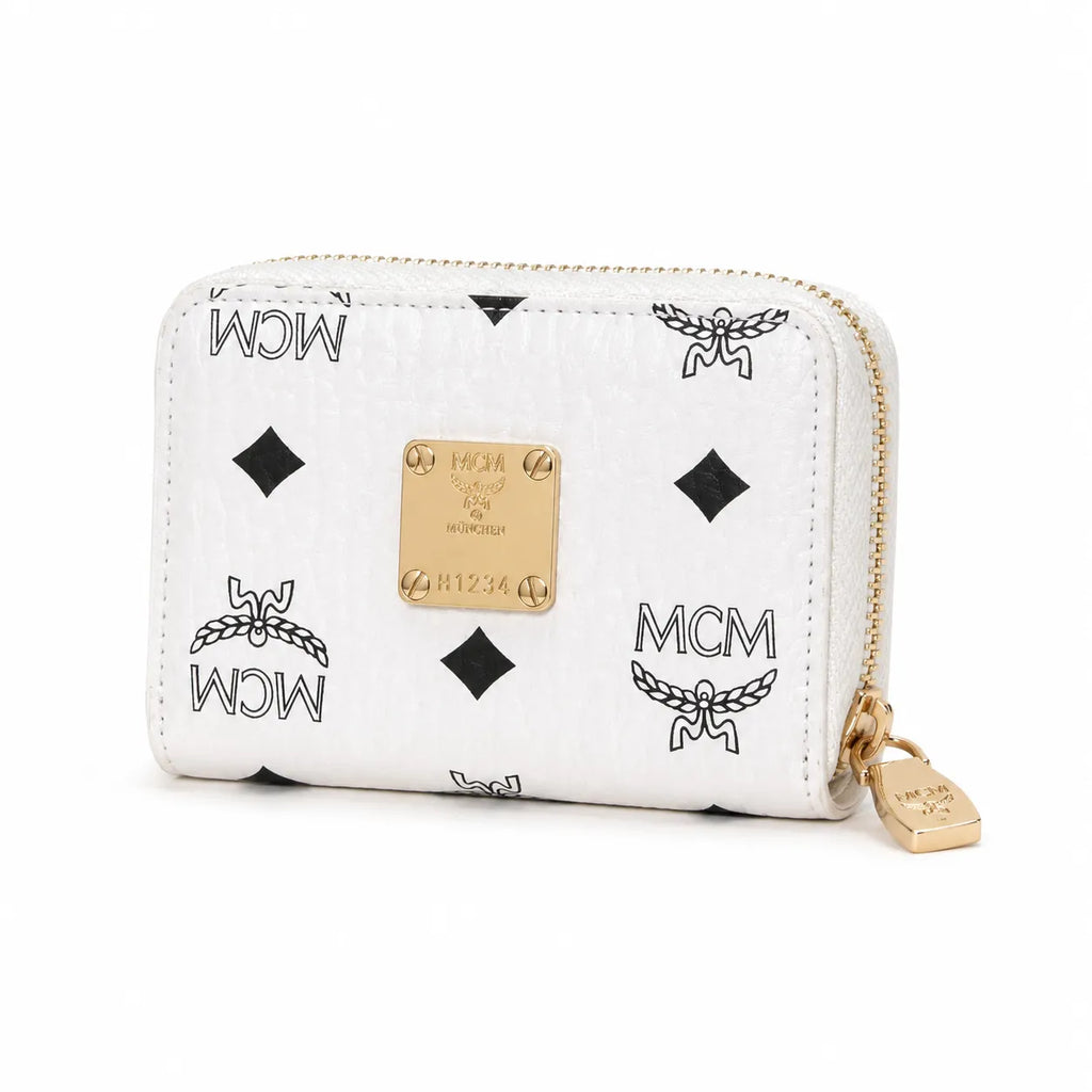 MCM Visetos Classic Small Zip Wallet | Compact Coin Purse & Card Holder in White — Designer Monogram Leather Accessory for Women