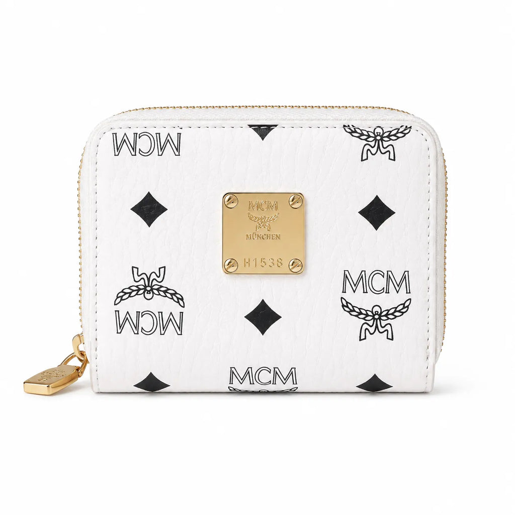 MCM Visetos Classic Small Zip Wallet | Compact Coin Purse & Card Holder in White — Designer Monogram Leather Accessory for Women