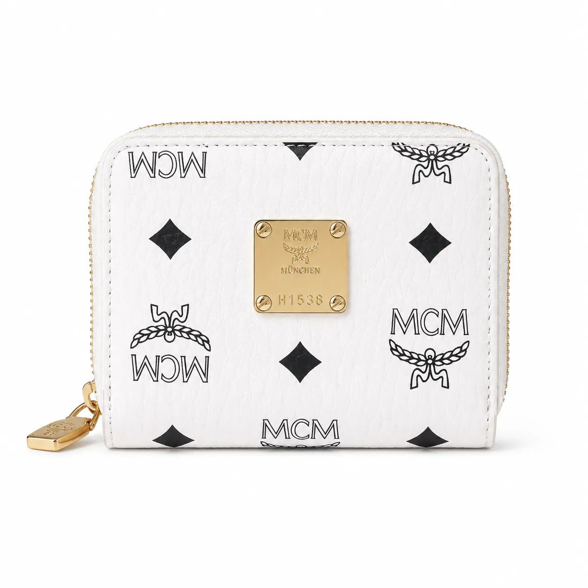 MCM Visetos Classic Small Zip Wallet | Compact Coin Purse & Card Holder in White — Designer Monogram Leather Accessory for Women