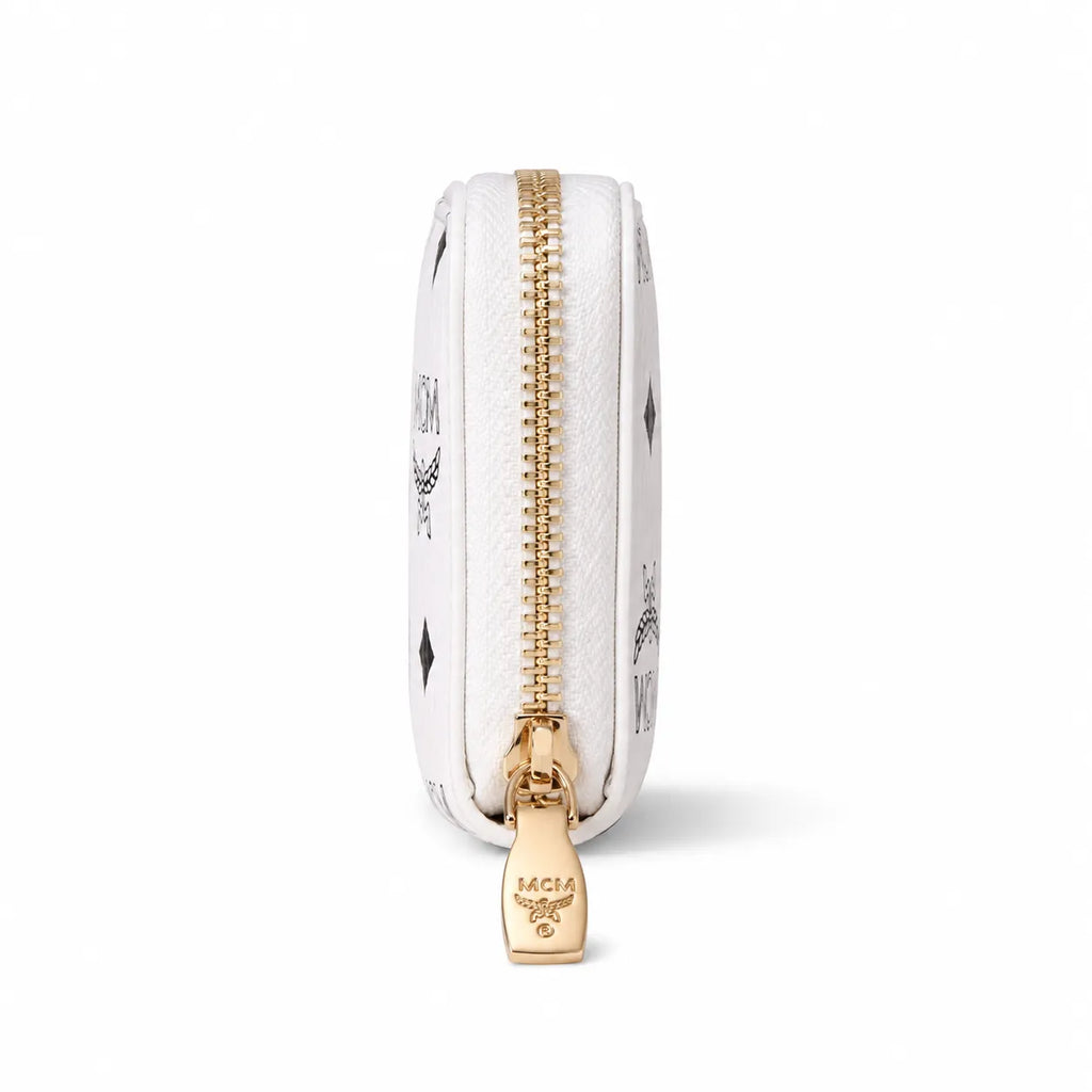MCM Visetos Classic Small Zip Wallet | Compact Coin Purse & Card Holder in White — Designer Monogram Leather Accessory for Women