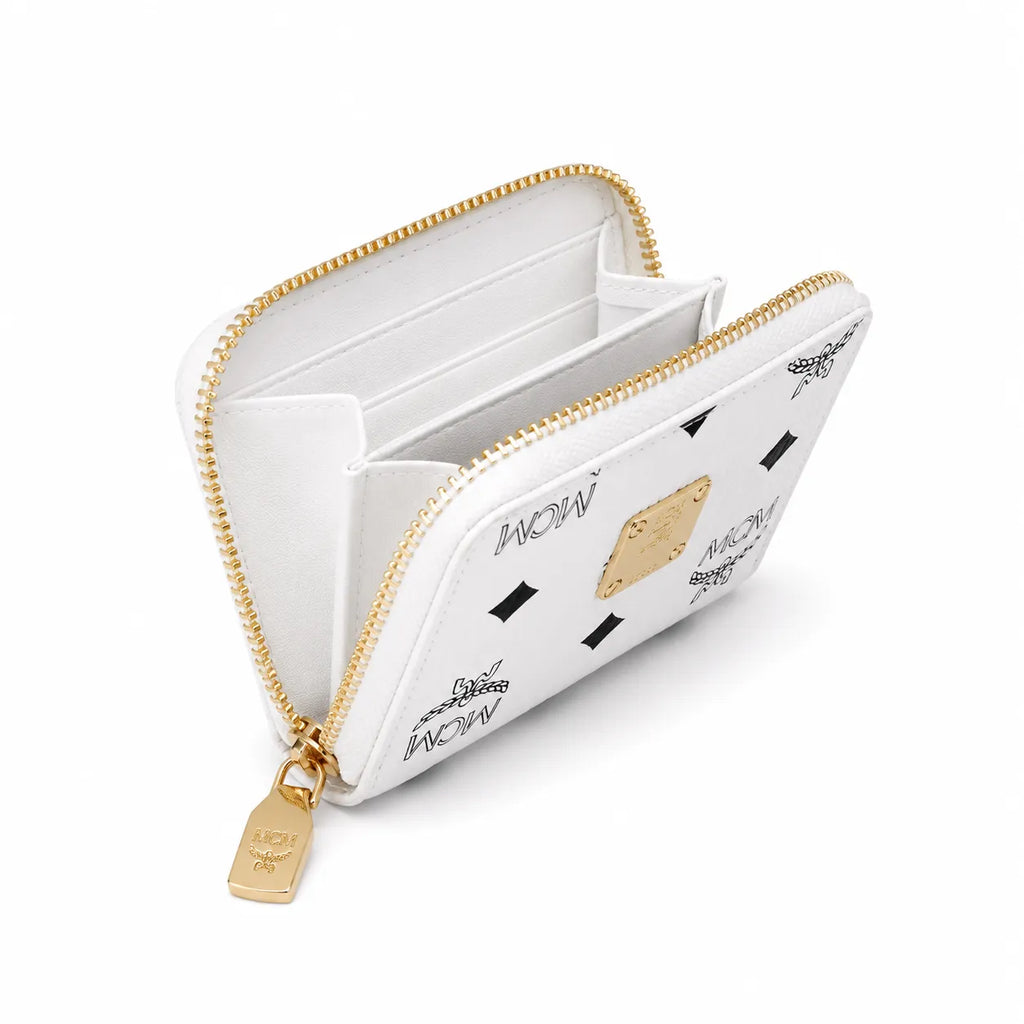MCM Visetos Classic Small Zip Wallet | Compact Coin Purse & Card Holder in White — Designer Monogram Leather Accessory for Women