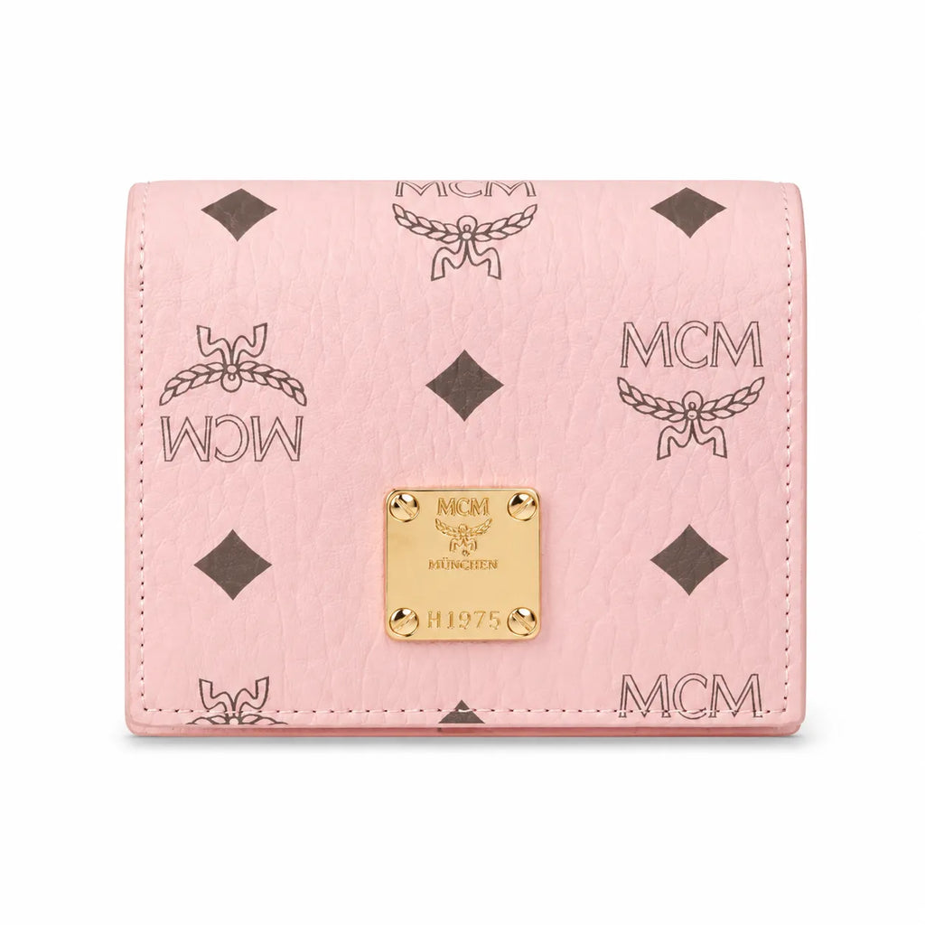 MCM Patricia Visetos Trifold Wallet | Small Flap Wallet in Pink — Designer Monogram Leather Card Holder & Purse for Women