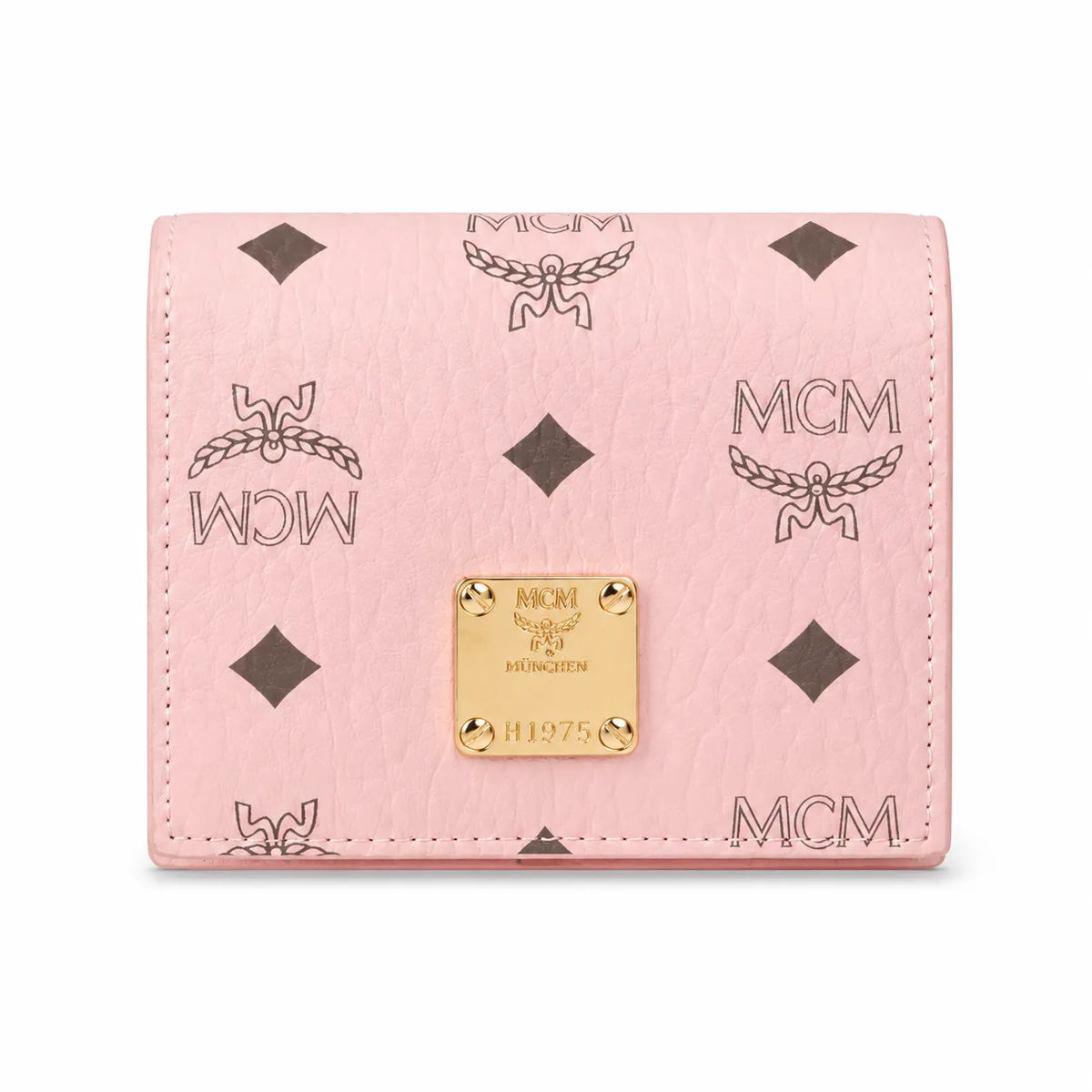 MCM Patricia Visetos Trifold Wallet | Small Flap Wallet in Pink — Designer Monogram Leather Card Holder & Purse for Women