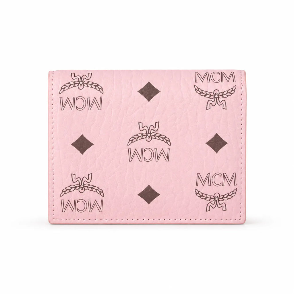 MCM Patricia Visetos Trifold Wallet | Small Flap Wallet in Pink — Designer Monogram Leather Card Holder & Purse for Women