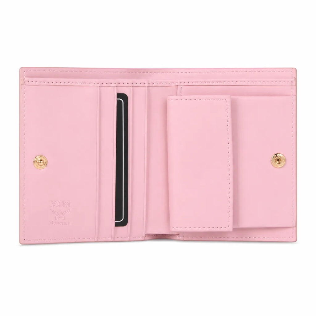 MCM Patricia Visetos Trifold Wallet | Small Flap Wallet in Pink — Designer Monogram Leather Card Holder & Purse for Women