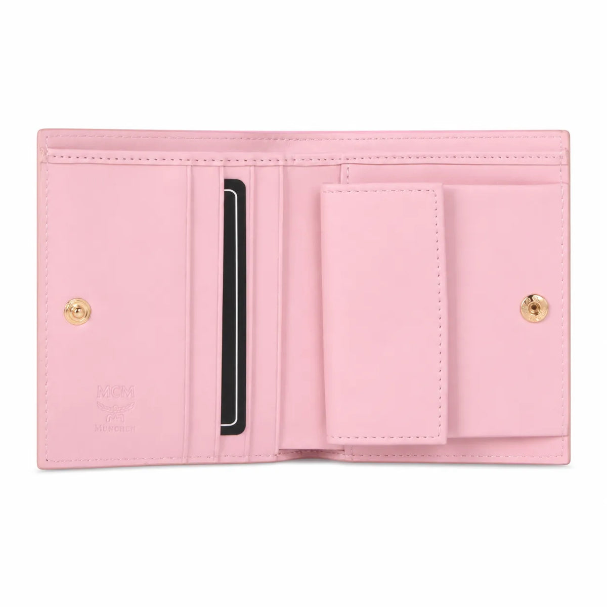 MCM Patricia Visetos Trifold Wallet | Small Flap Wallet in Pink — Designer Monogram Leather Card Holder & Purse for Women