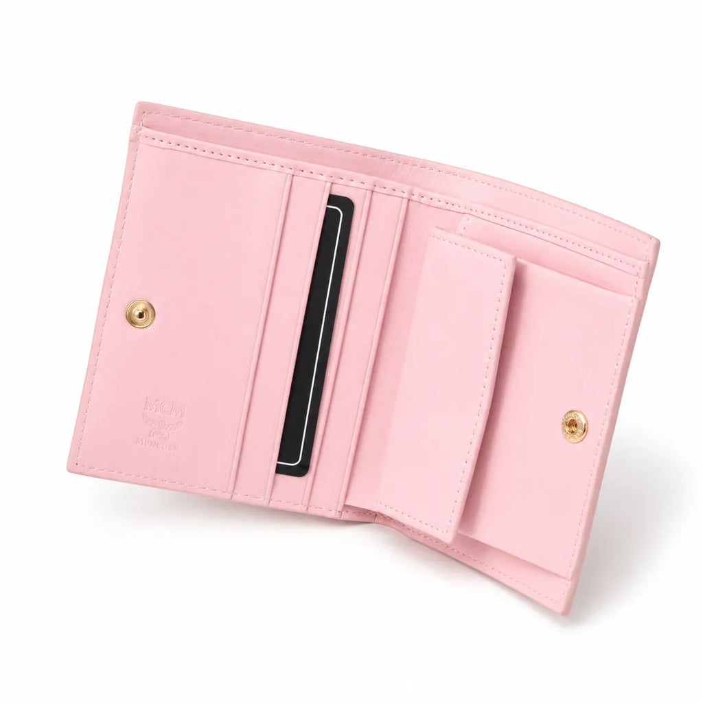 MCM Patricia Visetos Trifold Wallet | Small Flap Wallet in Pink — Designer Monogram Leather Card Holder & Purse for Women