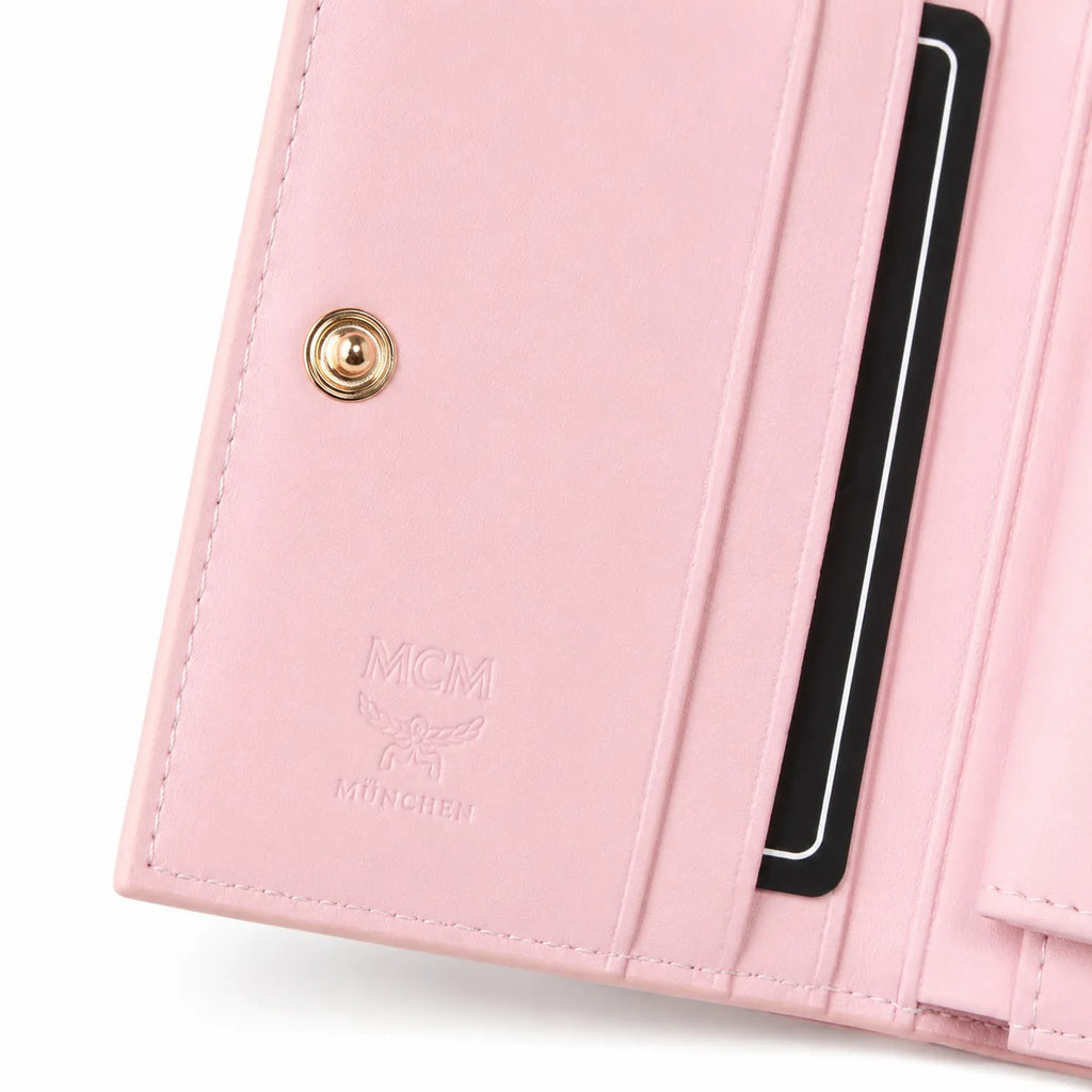 MCM Patricia Visetos Trifold Wallet | Small Flap Wallet in Pink — Designer Monogram Leather Card Holder & Purse for Women