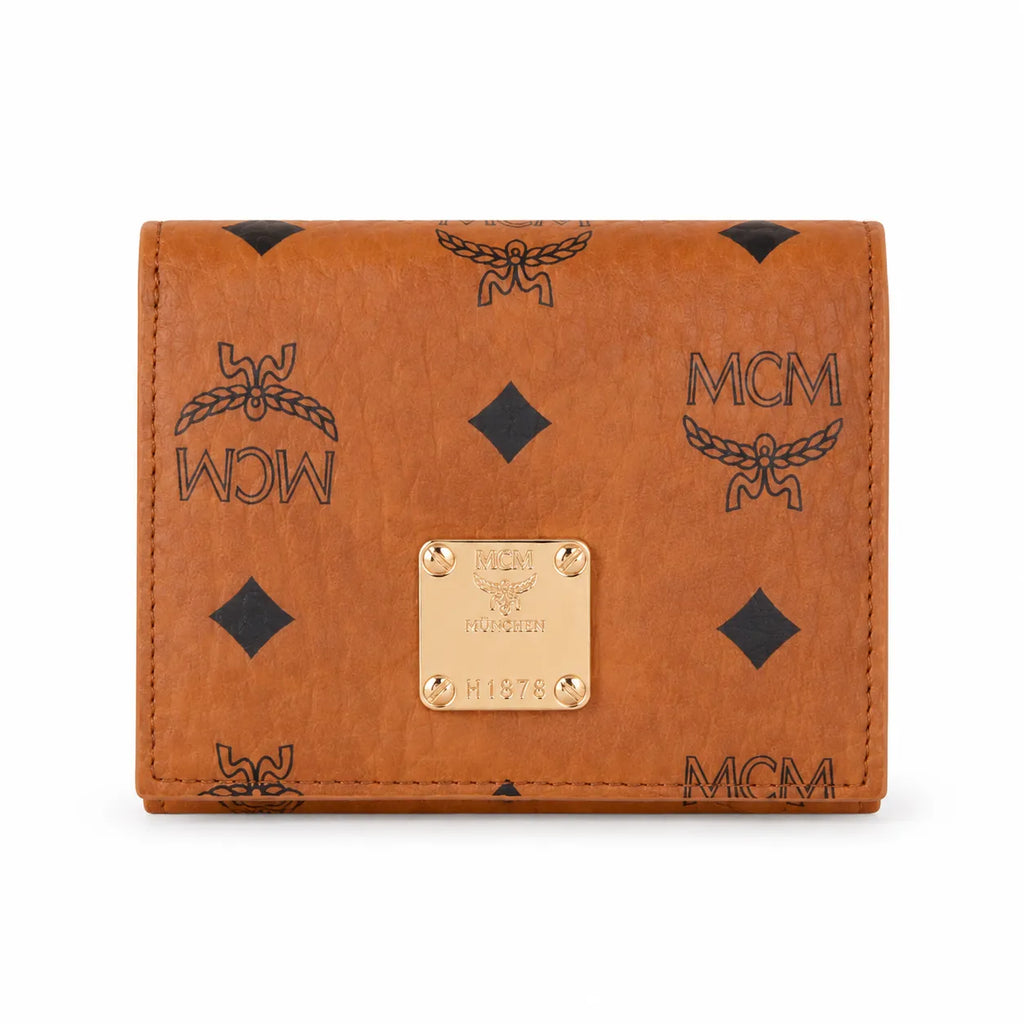 MCM Patricia Visetos Trifold Wallet | Small Leather Flap Wallet in Cognac — Designer Monogram Card Holder & Purse for Women