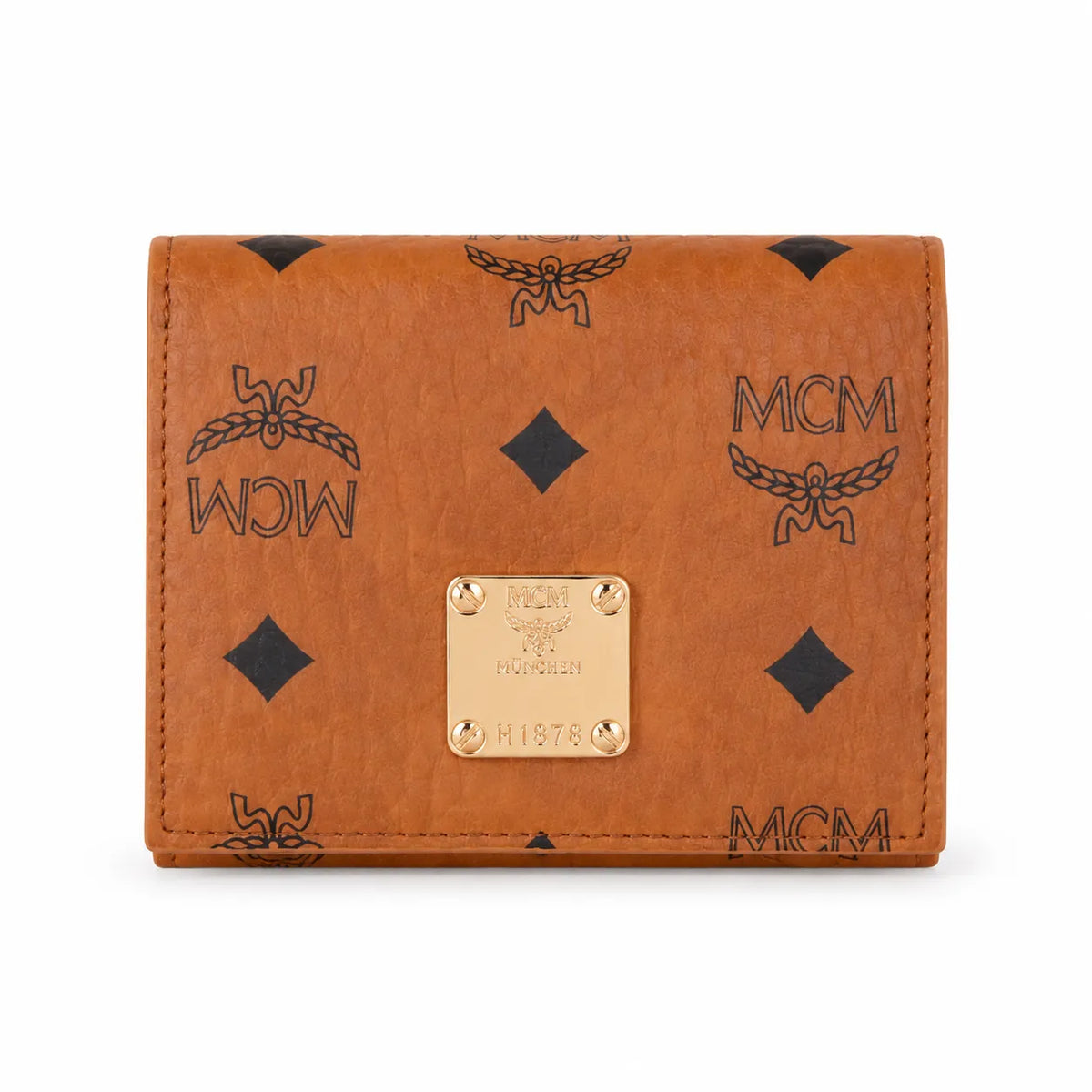 MCM Patricia Visetos Trifold Wallet | Small Leather Flap Wallet in Cognac — Designer Monogram Card Holder & Purse for Women