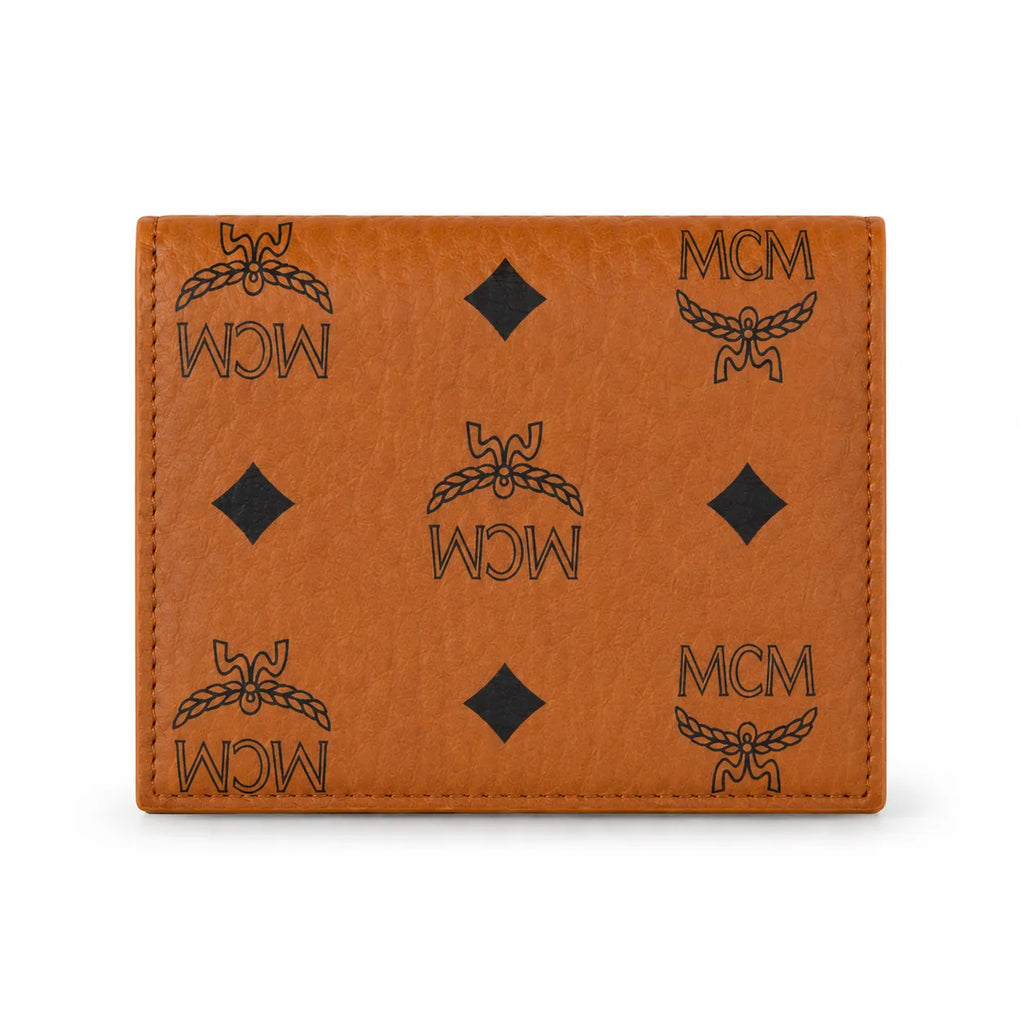 MCM Patricia Visetos Trifold Wallet | Small Leather Flap Wallet in Cognac — Designer Monogram Card Holder & Purse for Women