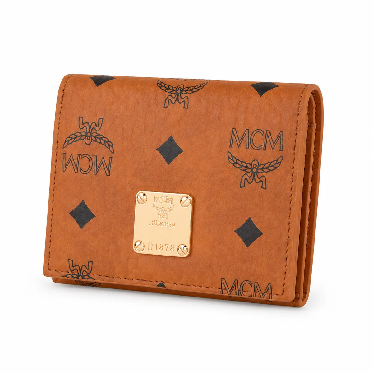 MCM Patricia Visetos Trifold Wallet | Small Leather Flap Wallet in Cognac — Designer Monogram Card Holder & Purse for Women