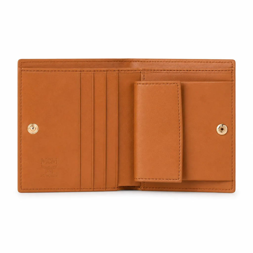 MCM Patricia Visetos Trifold Wallet | Small Leather Flap Wallet in Cognac — Designer Monogram Card Holder & Purse for Women