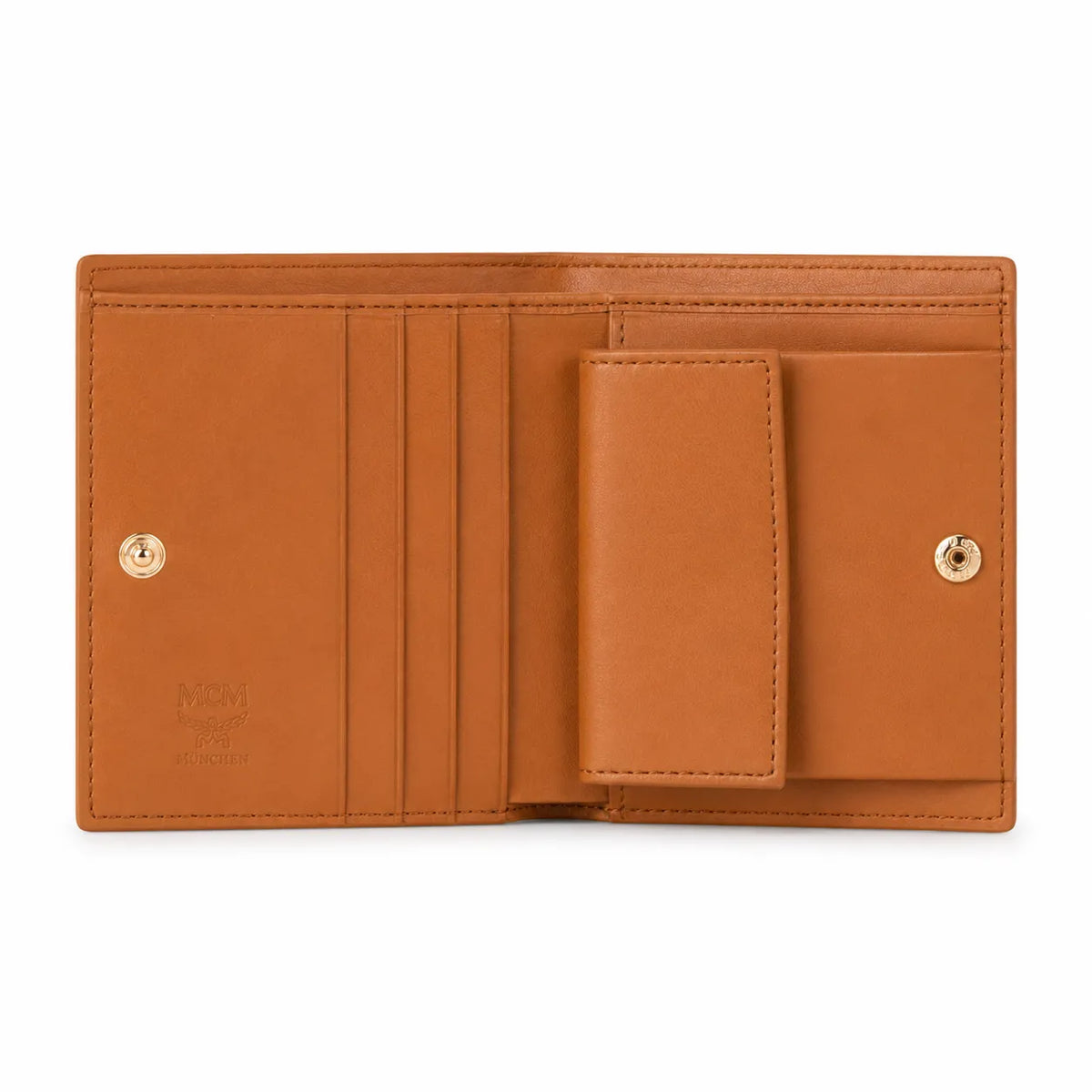 MCM Patricia Visetos Trifold Wallet | Small Leather Flap Wallet in Cognac — Designer Monogram Card Holder & Purse for Women