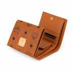 MCM Patricia Visetos Trifold Wallet | Small Leather Flap Wallet in Cognac — Designer Monogram Card Holder & Purse for Women