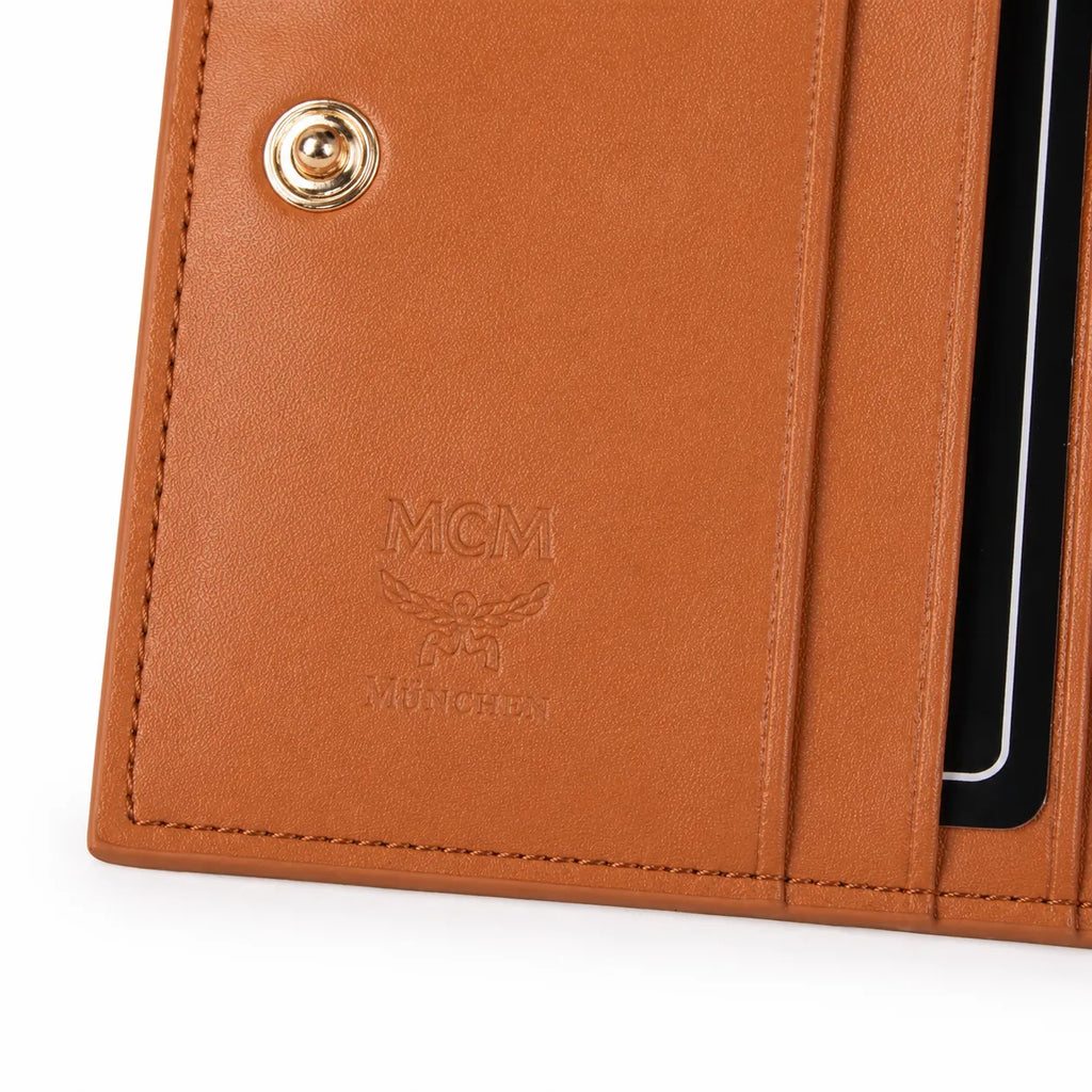 MCM Patricia Visetos Trifold Wallet | Small Leather Flap Wallet in Cognac — Designer Monogram Card Holder & Purse for Women