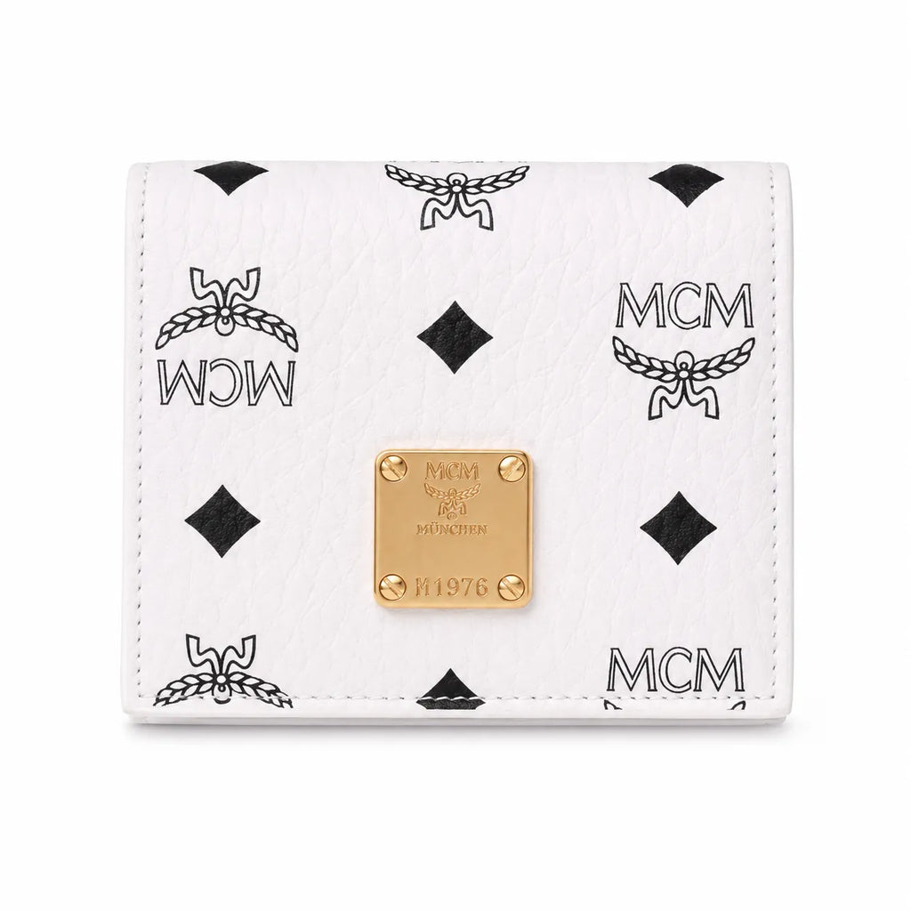 MCM Patricia Visetos Trifold Wallet | Small Leather Flap Wallet in White — Designer Monogram Card Holder & Purse for Women