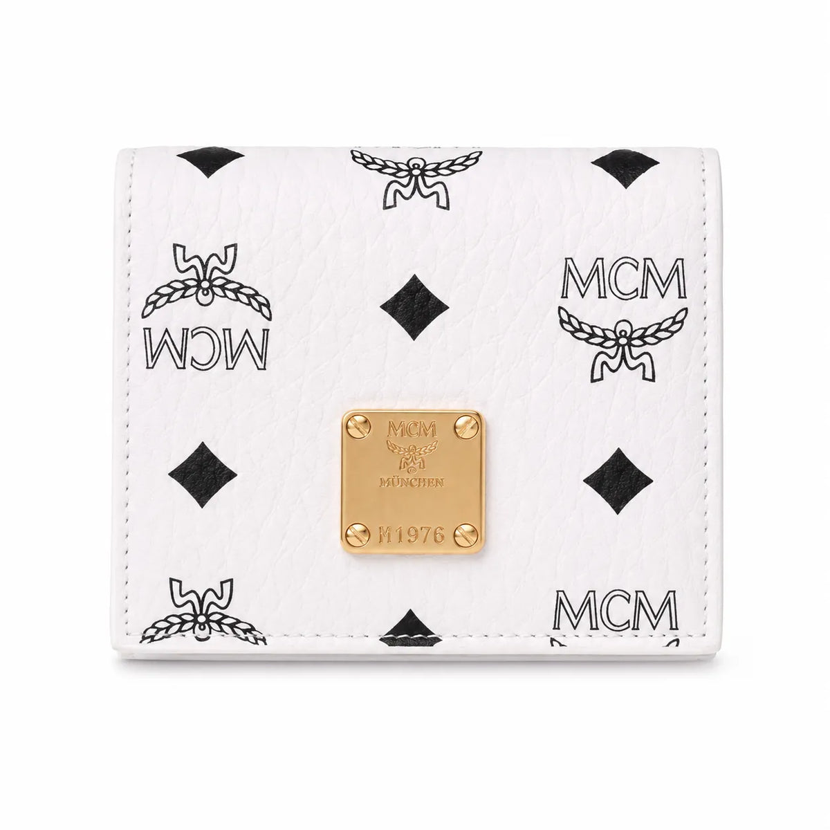 MCM Patricia Visetos Trifold Wallet | Small Leather Flap Wallet in White — Designer Monogram Card Holder & Purse for Women