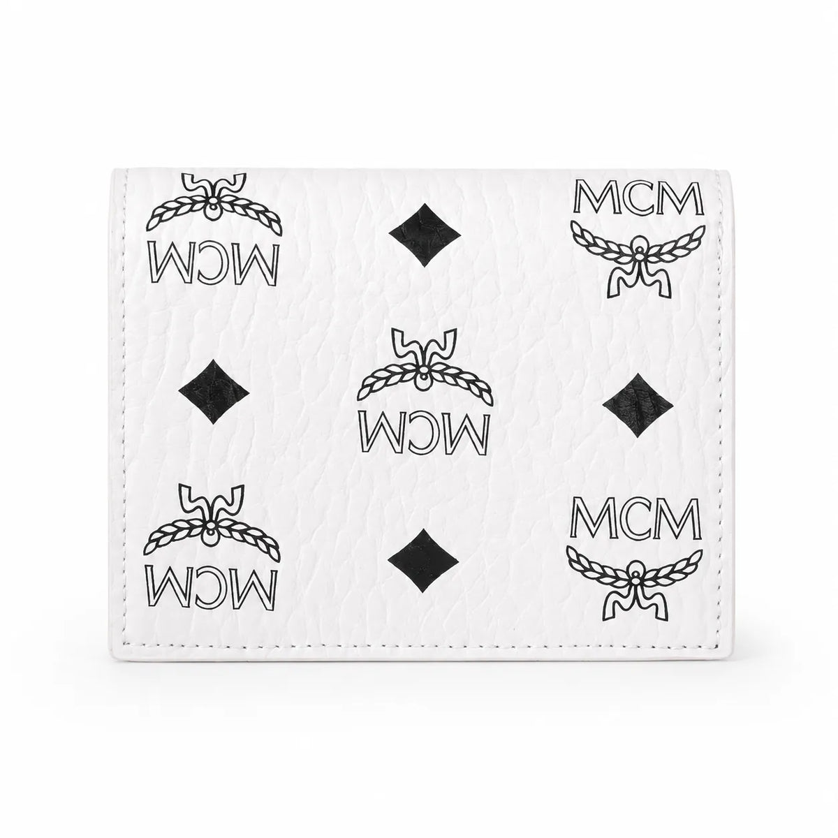 MCM Patricia Visetos Trifold Wallet | Small Leather Flap Wallet in White — Designer Monogram Card Holder & Purse for Women