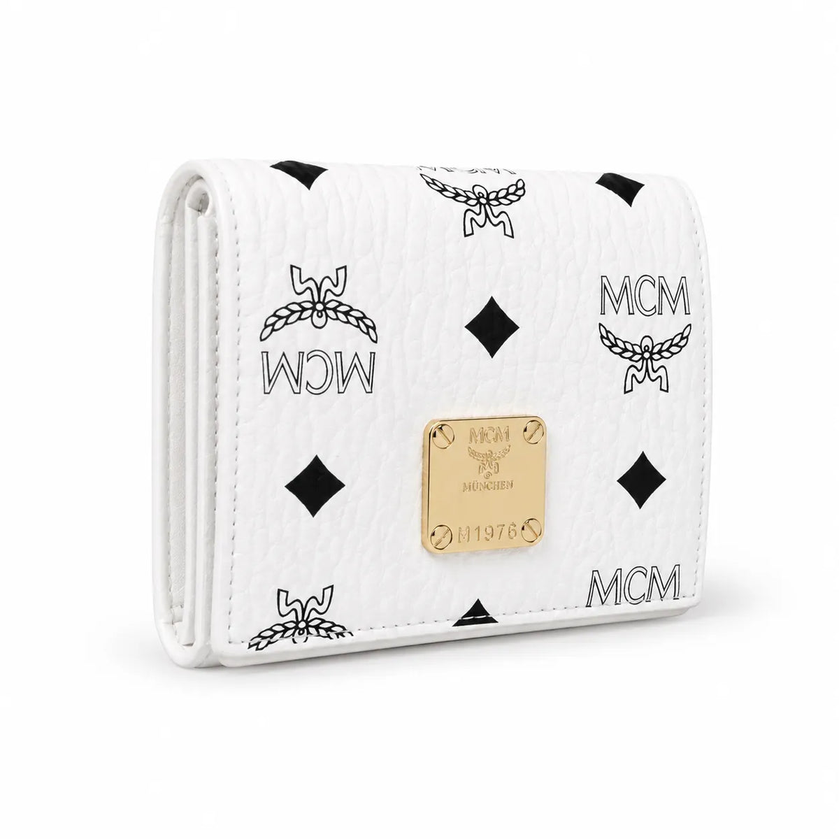 MCM Patricia Visetos Trifold Wallet | Small Leather Flap Wallet in White — Designer Monogram Card Holder & Purse for Women