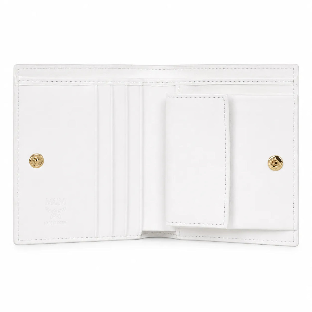 MCM Patricia Visetos Trifold Wallet | Small Leather Flap Wallet in White — Designer Monogram Card Holder & Purse for Women