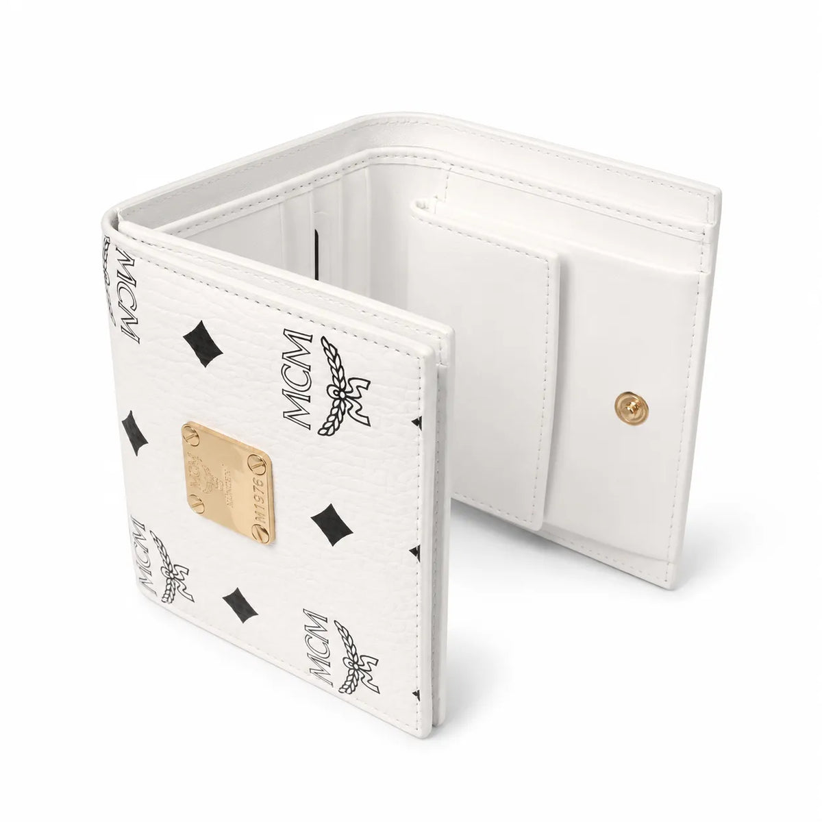 MCM Patricia Visetos Trifold Wallet | Small Leather Flap Wallet in White — Designer Monogram Card Holder & Purse for Women