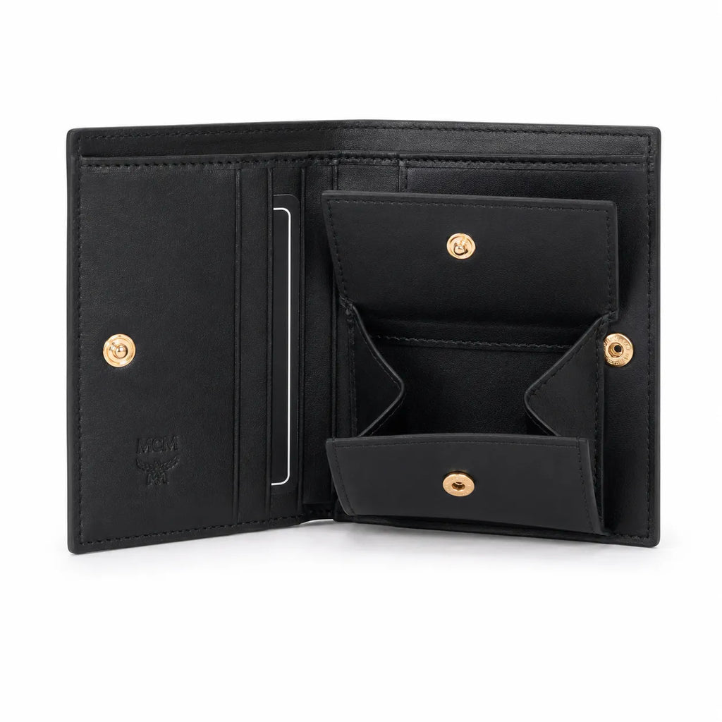 MCM Visetos Classic Bifold Wallet | Slim Leather Folding Wallet in Black — Designer Monogram Card Holder for Men & Women